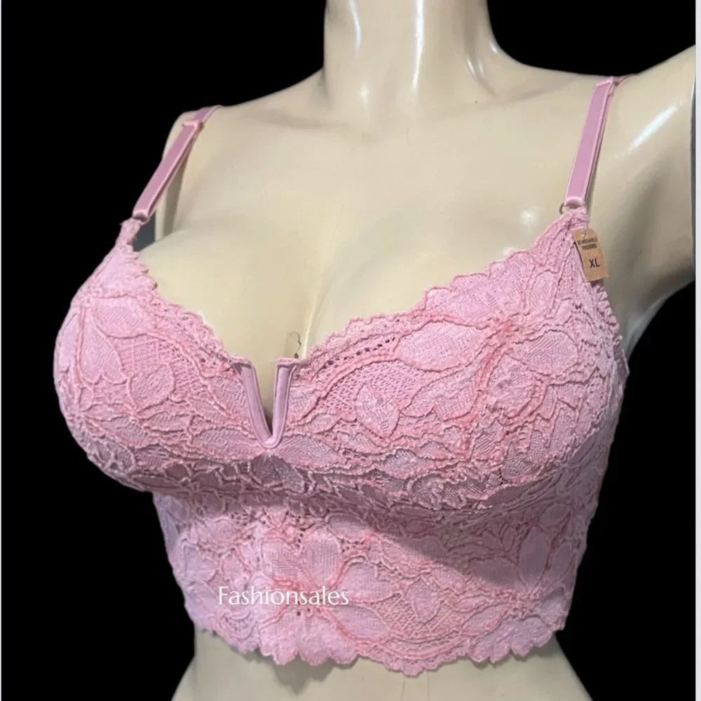 Victoria’s Secret Pink Velvet Floral lace Padded Long bralette bra crop top Pink